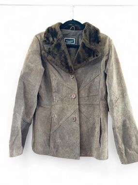 Women's Taupe Suede Faux Fur Collar Jacket